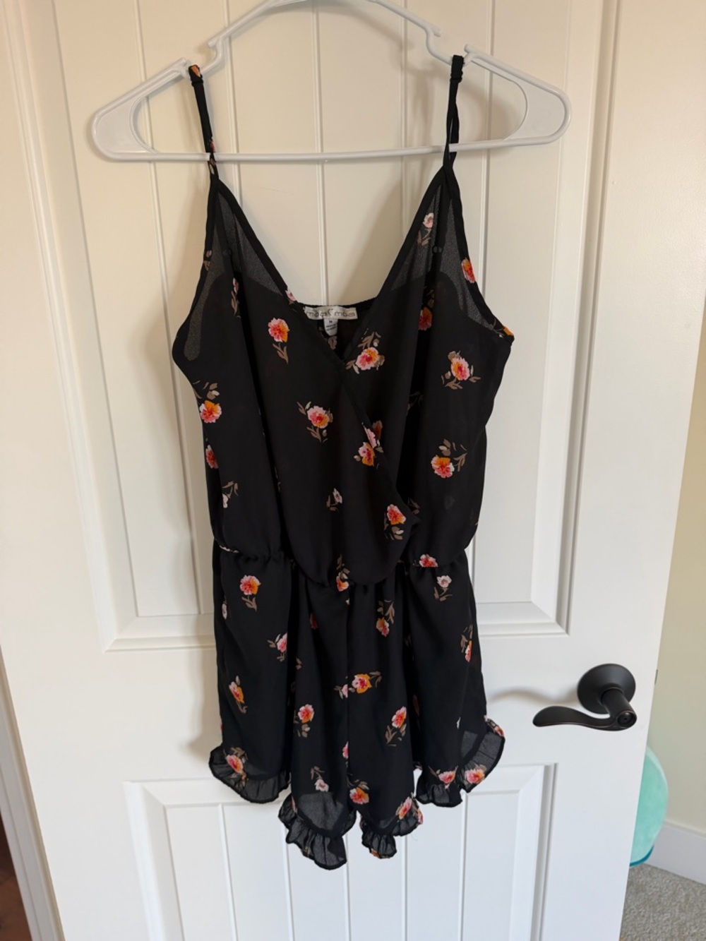 Moa Moa Black Floral V-Neck Top with Pink & Orange Blooms